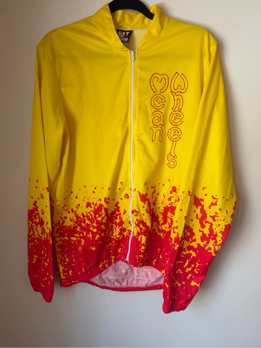 Pace Cycling Long Sleeve Jersey- Yellow And Red  Flame Look With “Mean Wheels”